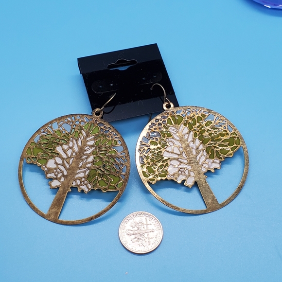 Tree of Life graphic pierced earrings gold tone green and white detail dangly - Picture 4 of 6